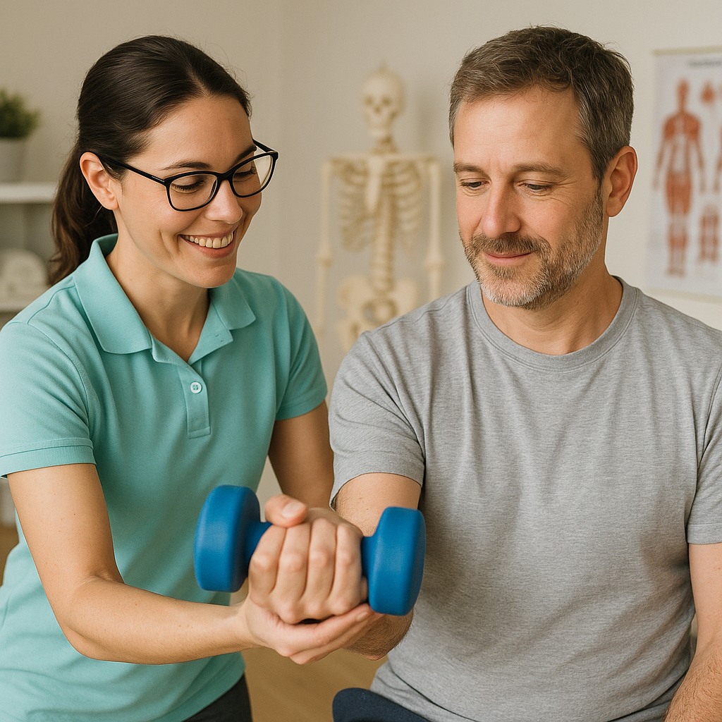 A supportive physiotherapist guiding a patient thr